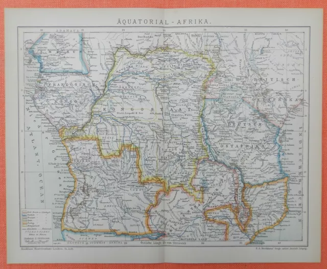 Äquatorial AFRIKA Kolonien Kongostaat   DOA historische Landkarte 1897