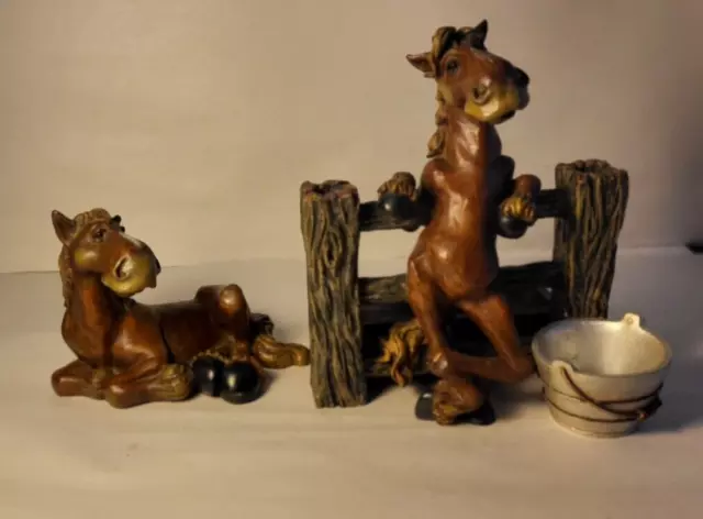 (2) Montana Silversmith Elmer Horse Figurine w/Fence and Bucket and Lying Down