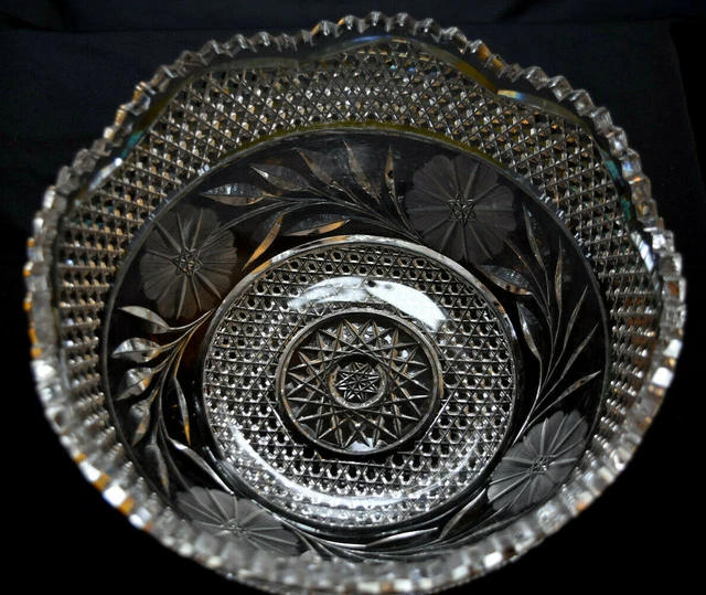 American Brilliant Period Cut Glass Bowl Hobnail Pattern w/ Floral Band