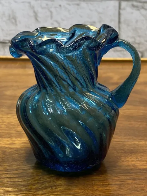 VTG Hand Blown Small Blue Ribbed Glass Creamer Pitcher w Applied Handle 3-1/2”