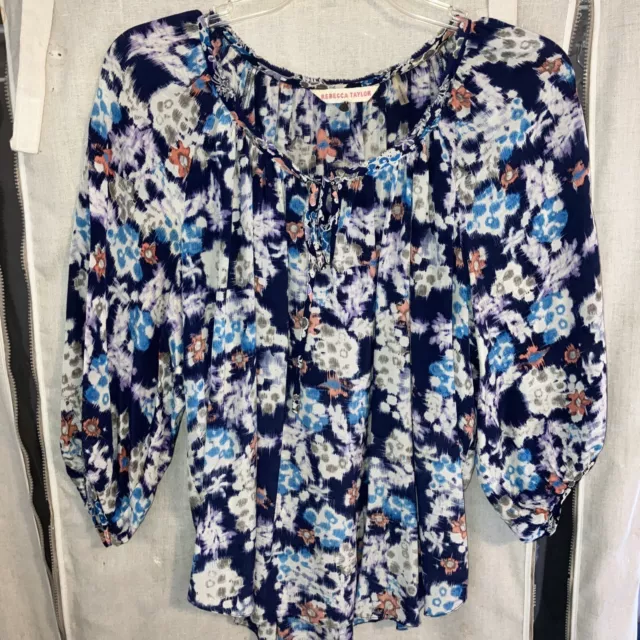 Rebecca Taylor Silk Blue Floral 3/4 Sleeve Silk Top Size 10