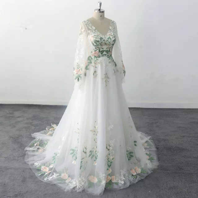 Lowime Forest Fairy Long Wedding Dress Lace Wedding Dress With 3D Floral Appliue