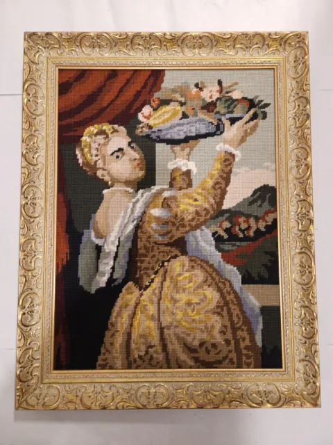 Gobelin Stickbild n. Tizian "Tochter Lavinia" in wertvollem Holzrahmen - RARITÄT