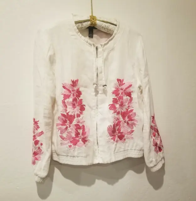 INC International Concepts Womens Linen Floral Embroidered Jacket Large White