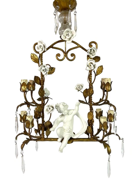 French Large French Porcelain Cherub on a swing toleware chandelier - 10 lamps
