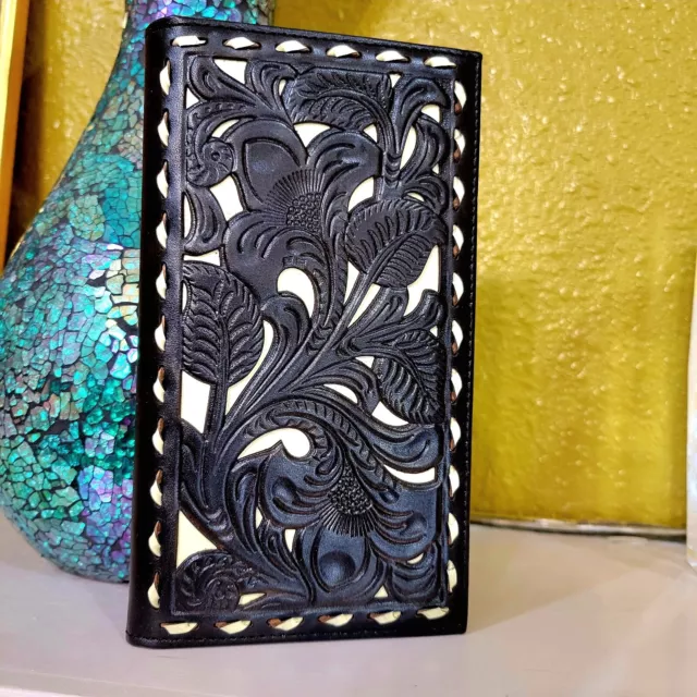 Western GENUINE LEATHER Wallet hand Tooled Long Bifold Checkbook black and ivory