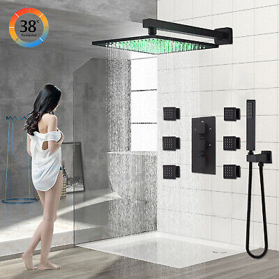 Shower Faucet Set LED Rain Head Combo Thermostatic Mixer Valve with Massage Jets