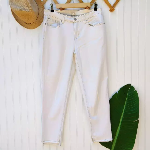 Eileen Fisher Organic Cotton Slim Raw Hem Ankle Jeans Size 10 Ivory Stretch 2