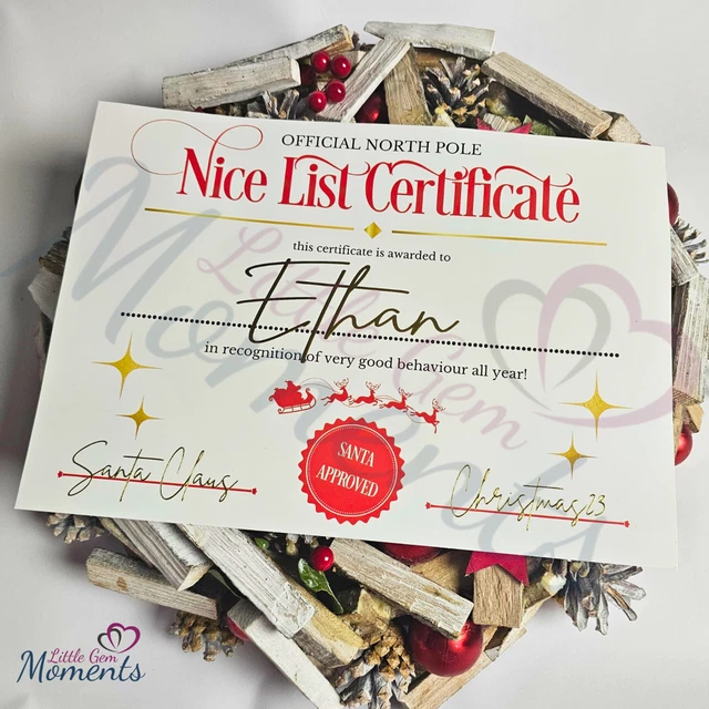Certificato elenco personalizzato premium. Filler scatola di Natale personalizzati per bambini