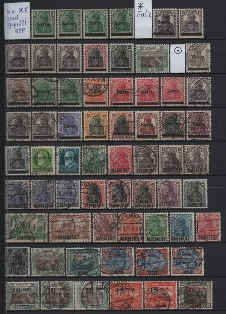 3 Seiten Saargebiet 1920-1923,4x **,8x Falz *,Rest gestempelt,Michel 290,00 (76)