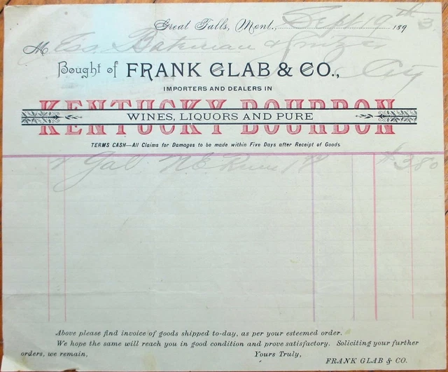 GREAT FALLS, MT 1893 Letterhead Kentucky Bourbon, Whisky/Whiskey/Wine