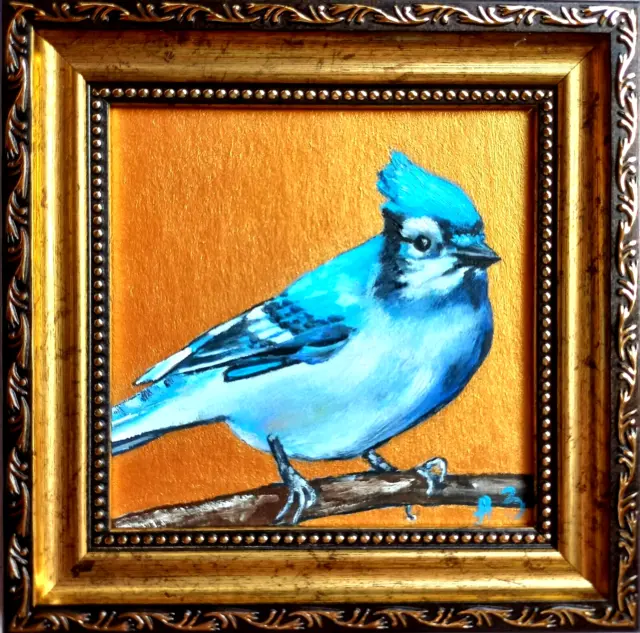 Original Bird Blue Jay Painting Blue Bird Wall Art Golden  Painting Framed