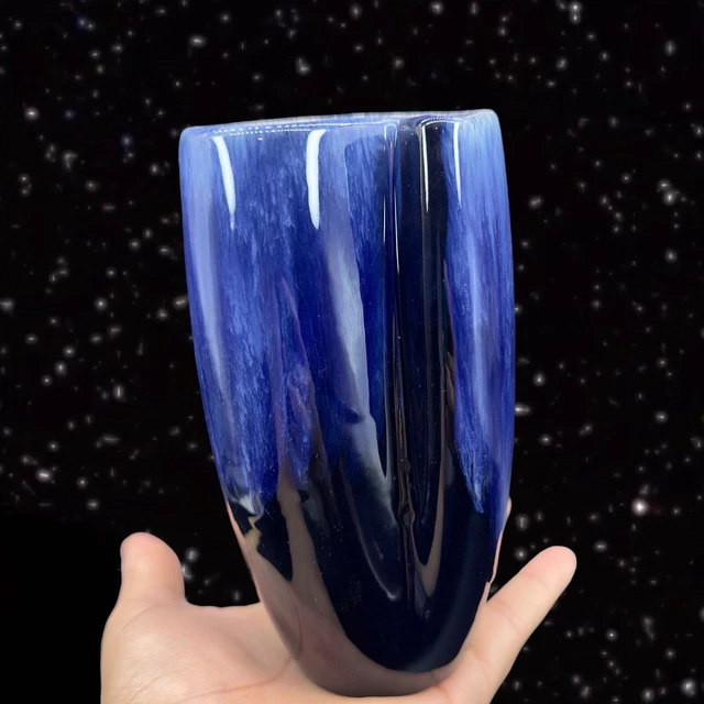Mid Century Pottery Vase Drip Glaze Vessel Blue Black Ceramic Hand Made 6”Tall
