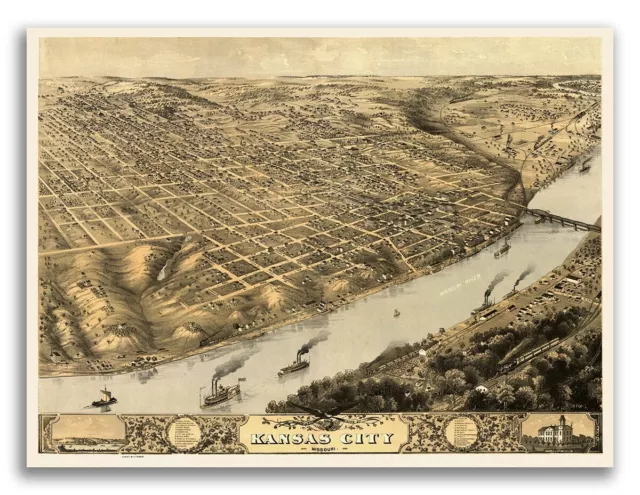 1869 Kansas City Missouri Vintage Old Panoramic City Map - 24x32