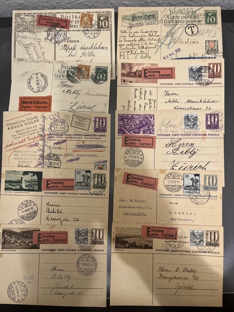 Schweiz Ganzsachen Eilbote etc. Lot Diverse Frankaturen & Stempel 10 Stück - A25