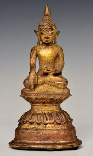 16th Century,Antique Burmese Bronze Buddha with Gilded Gold on Double Lotus Base