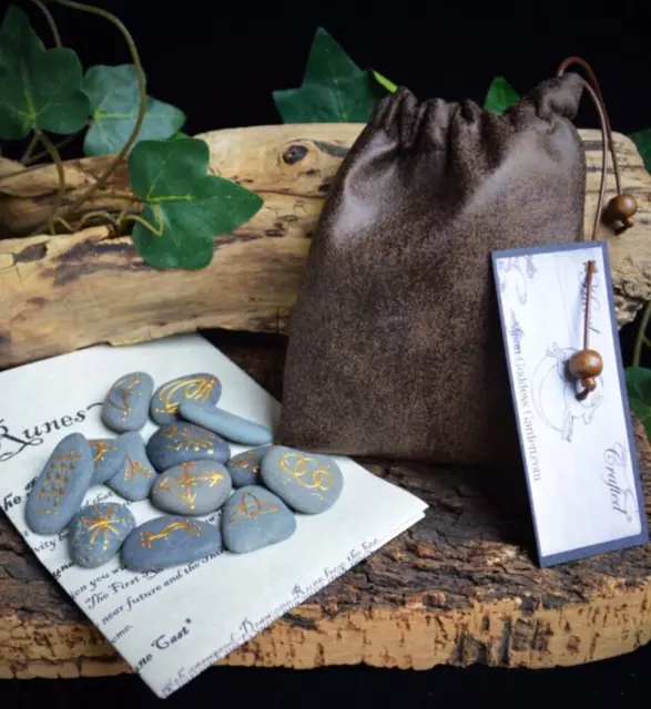 13 Witches River Stone Runes and Bag Witch Wicca Pagan Divination Gift Yule