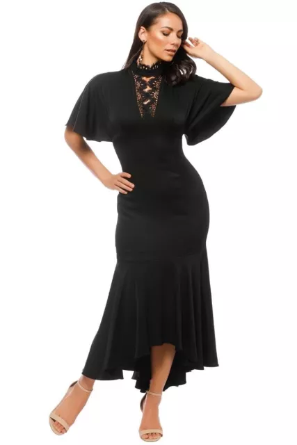 Shoshanna Midnight Darnawa Gown Black Lace Scallop High Neck Hi-Lo Dress Size 4