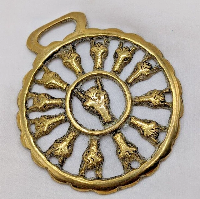 Brass Horse Medallion Vintage English Horse Heads Wheel Circle Parade Show