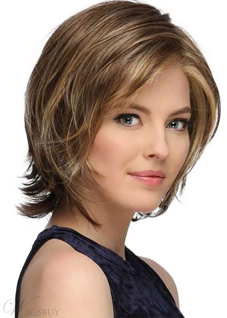 Brown Blond Short Hairstyles Women's Natural Straight 100% Human Hair Wig 12Inch