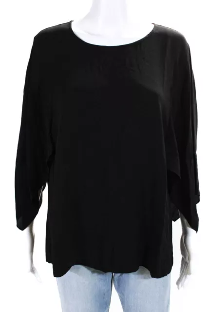 Eileen Fisher Womens Silk Layered Short Sleeve Blouse Top Black Size XL