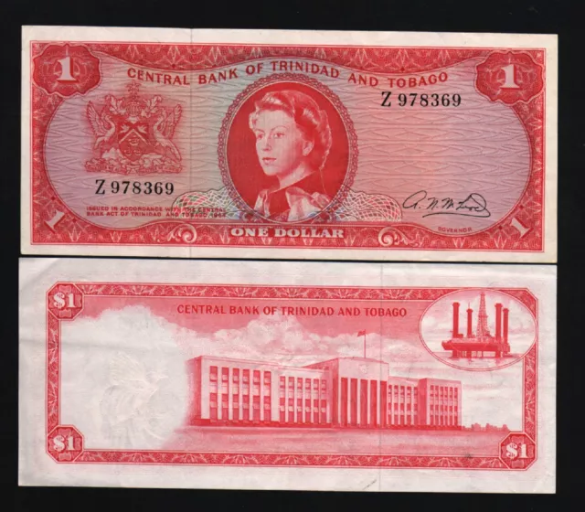 Trinidad & Tobago 1 Dollar P26 B 1964 Queen Aunc Single Prefix Bird Oil Rig Note