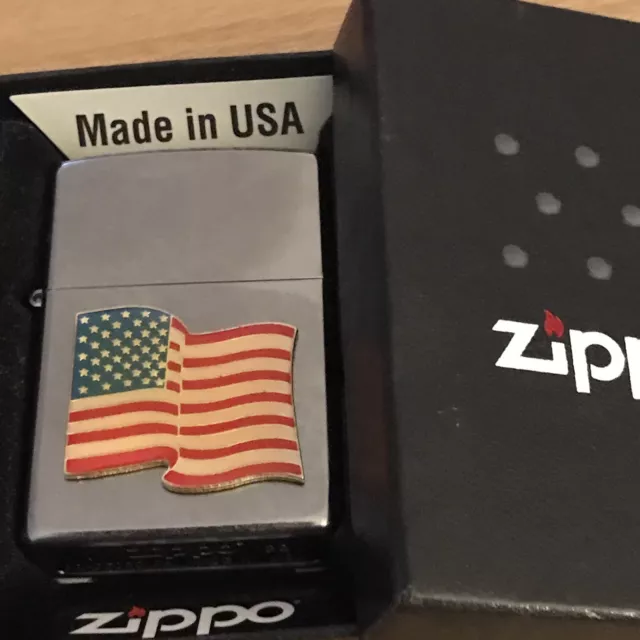 Large American Wavy Flag Zippo Lighter New in Box