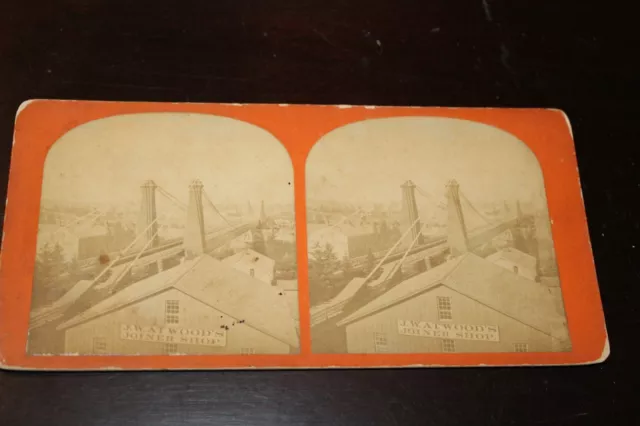 Railway Suspension Bridge + Atwood's Joiner Shop Niagara Falls Stereoview 1860s