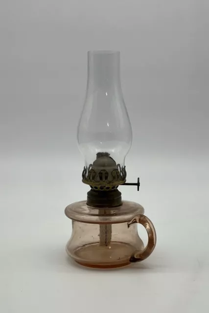 Vintage Oil Lamp Finger  Rose Color Glass 8”