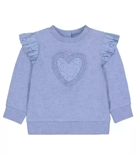 MOTHERCARE Baby Girls Blue Frilly Lace Heart Jumper Sweater Sweatshirt Top NEW