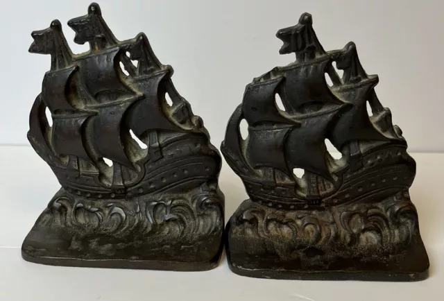 Pair Vintage Cast Iron Pirate Sailing Ship Bookend Door Stop Antique Bronze