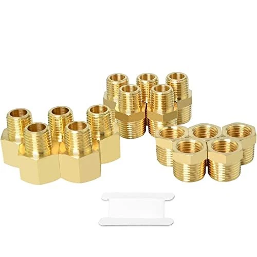 15PCS Brass Pipe Fitting, Hex Bushing, Reducer Adapter, Reducing Hex Nipple