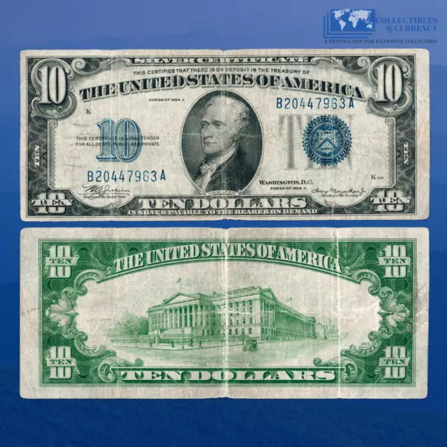 1934A $10 Ten Dollars Silver Certificate Blue Seal, VF Condition #47963