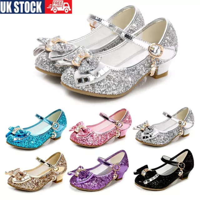 Girls Kids Childrens Low Heel Bow Party Wedding Mary Jane Sparkly Sandals Shoes