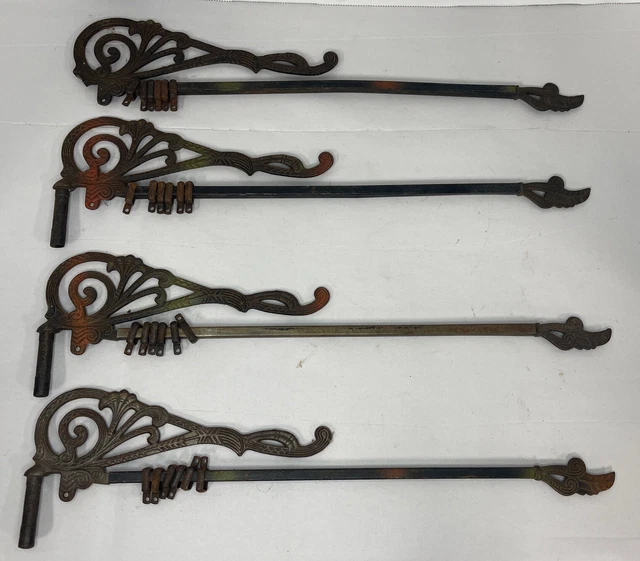 ANTIQUE SWING ARM FLORAL ART NOUVEAU CURTAIN RODS with BRACKETS SET of 4