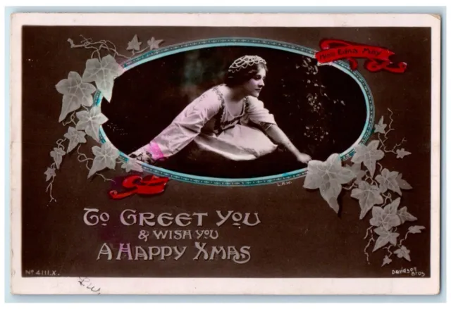 c1910's Christmas Miss Edna May Ivy Leaf RPPC Photo Posted Antique Postcard