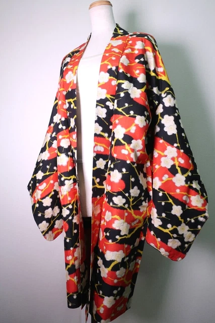 8489F2 Silk Vintage Japanese Kimono Haori Jacket Plum blossom Branch Meisen