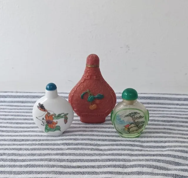 3 Stunning Small Chinese Decorative Perfume Bottles Glass Ceramic Vintage Decor