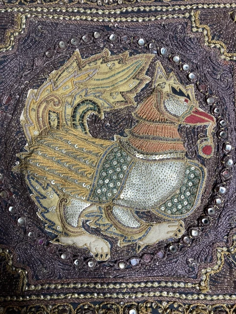 Vintage Burmese Kalaga Beaded Embroidered Tapestry Burma Myanmar 18in Rooster 2