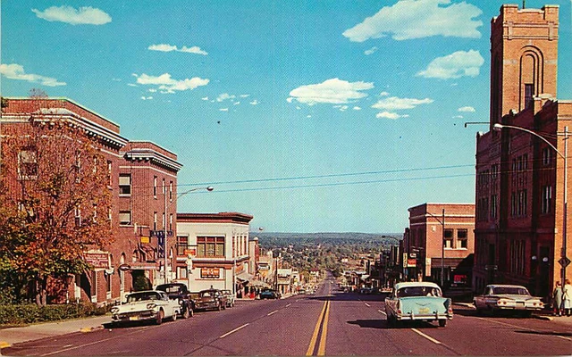 Postcard Superior Avenue Street Scene, Crystal Falls, Michigan - 1957 Chevy