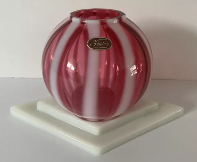 Vintage Fenton Cranberry Swirl Bowl Vase and Milk Glass Base