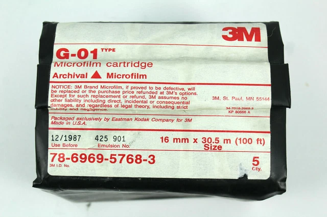 Microfilm Cartridge Archival G-01 Type New Sealed USA 16mm X 100ft 3M 5 Pack