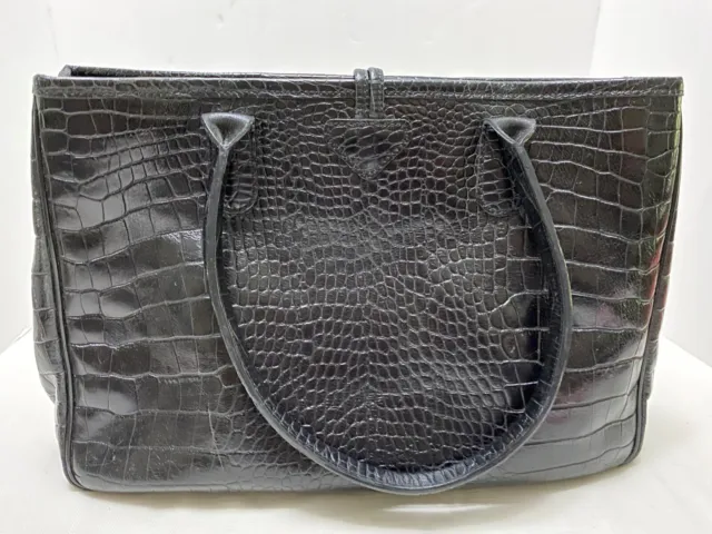 Longchamp Roseau Black Croc Embossed Leather 14x9" Handbag Tote Butterfly Lining 2