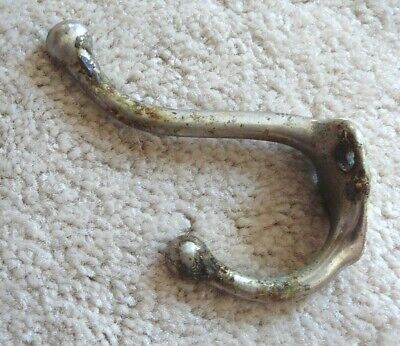 ANTIQUE NICKEL or CHROME CAST IRON DOUBLE COAT HAT WALL HOOK - 3" - GOOD #1 2
