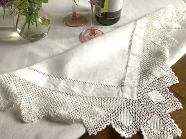 Antique White Linen Tablecloth Crochet Lace Border Hand Stitched