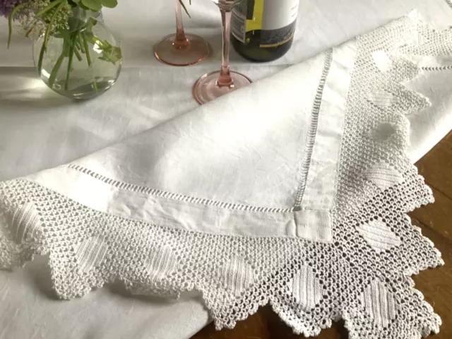 Antique White Linen Tablecloth Crochet Lace Border Hand Stitched