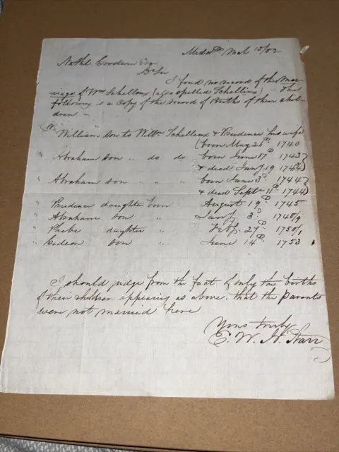 1852 Middletown CT Genealogy Letter to Hartford Lawyer: Schellinx Schellenx