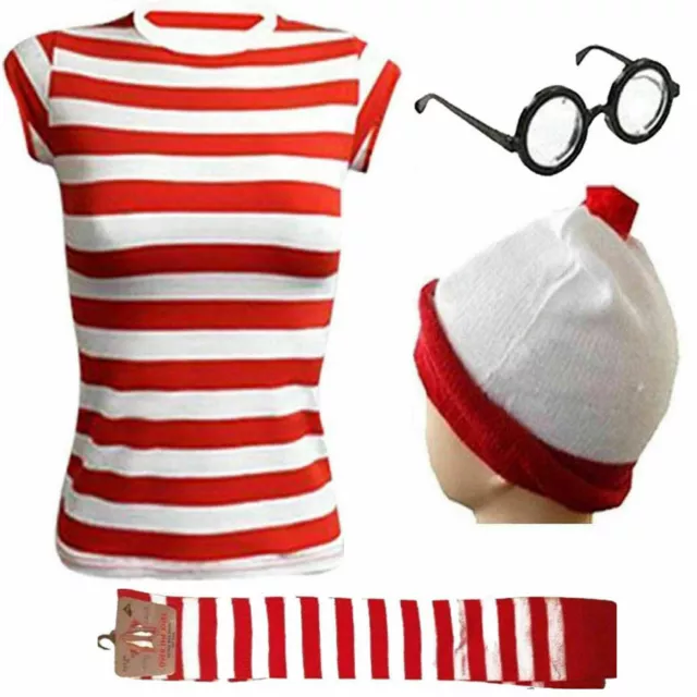 Ladies Women Where's Wally Red & White Strips T-Shirt Book Day Fancy Costume