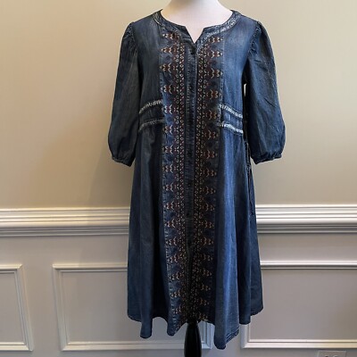 Vicky and Lucas Chambray Embroidered Drawstring Button Front Midi Dress Size L