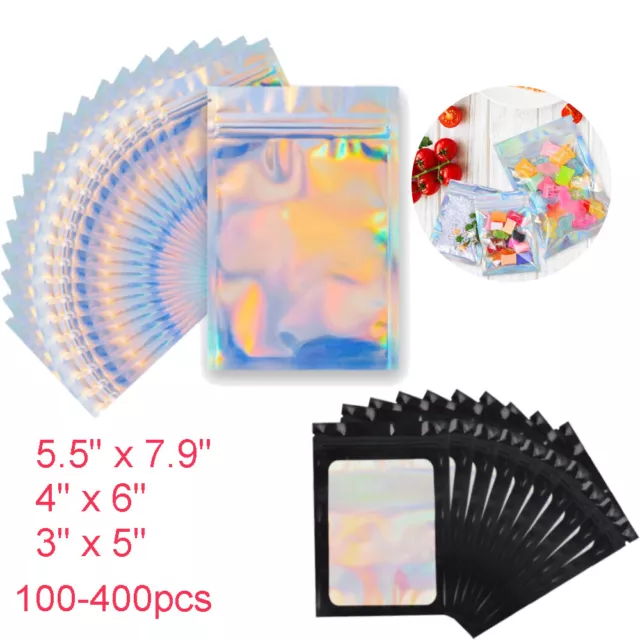 400 pcs Holographic Mylar Foil Bags Smell Proof Resealable Zip Lock Pouch Black